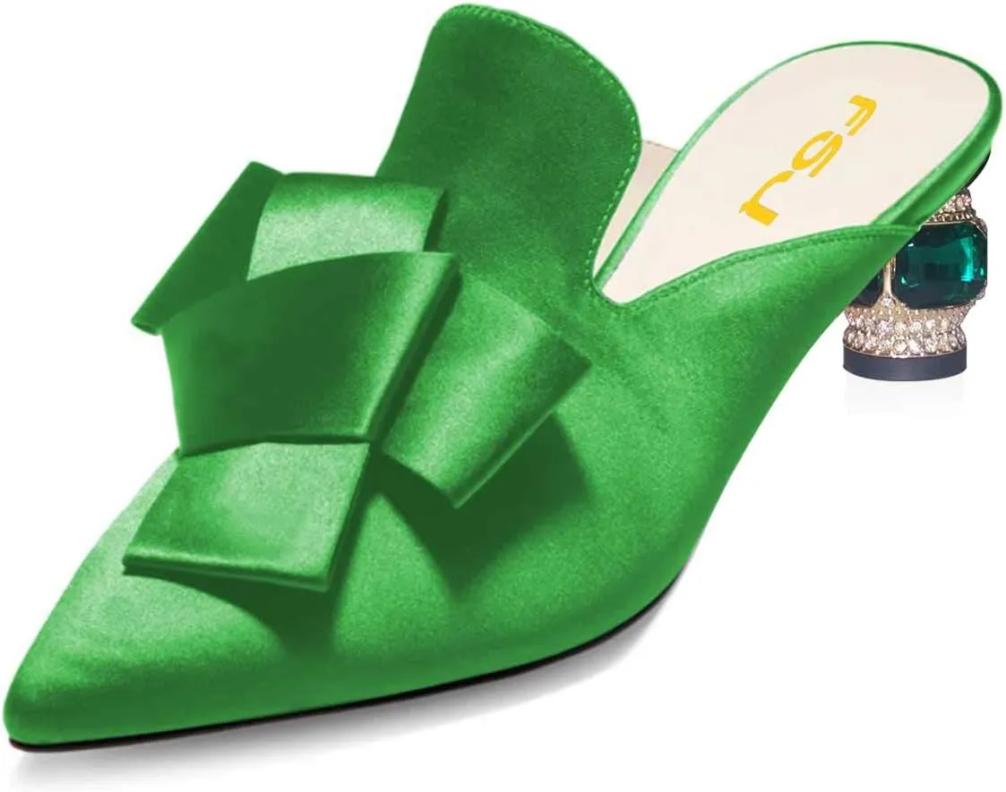 FSJ Women Retro Crystal Rhinestone Heeled Mules Pointed Toe Bows Slide Sandals Backless Emerald Bridal Wedding Dress Shoes Size 4-15 US