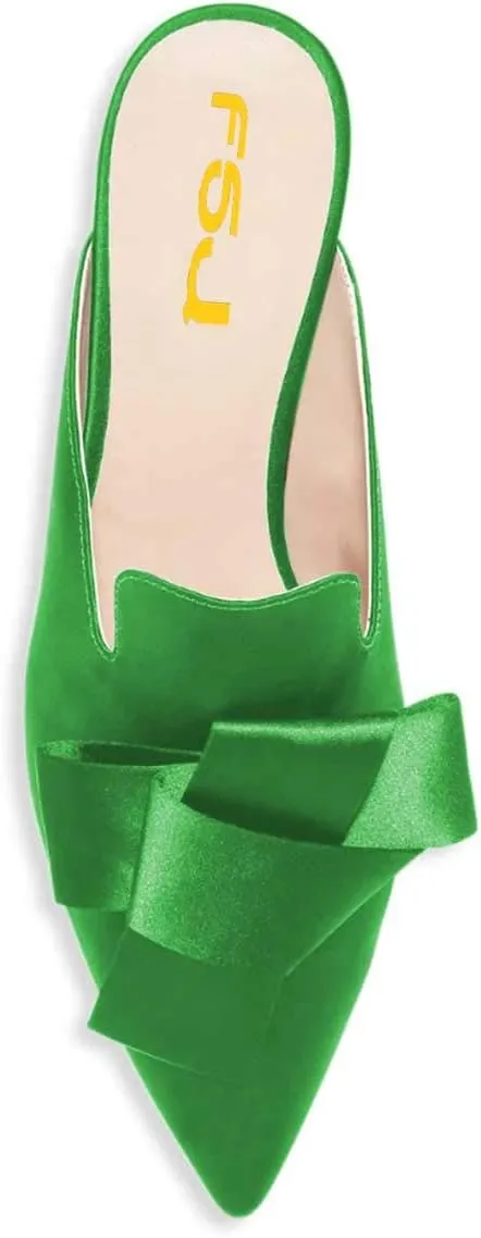 FSJ Women Retro Crystal Rhinestone Heeled Mules Pointed Toe Bows Slide Sandals Backless Emerald Bridal Wedding Dress Shoes Size 4-15 US