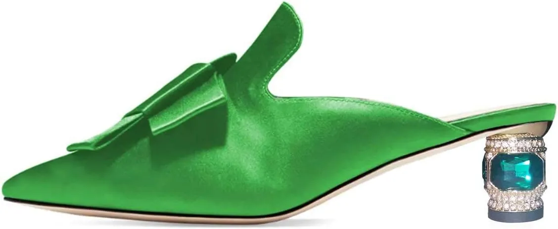 FSJ Women Retro Crystal Rhinestone Heeled Mules Pointed Toe Bows Slide Sandals Backless Emerald Bridal Wedding Dress Shoes Size 4-15 US