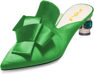 FSJ Women Retro Crystal Rhinestone Heeled Mules Pointed Toe Bows Slide Sandals Backless Emerald Bridal Wedding Dress Shoes Size 4-15 US