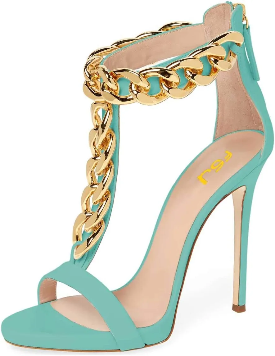 FSJ Women T-Straps High Heel Sandals Golden Chains Open Toe Ankle Straps Stilettos Pumps Back Zipper Wedding Party Homecomings Dress Summer Shoes Size 4-15 US