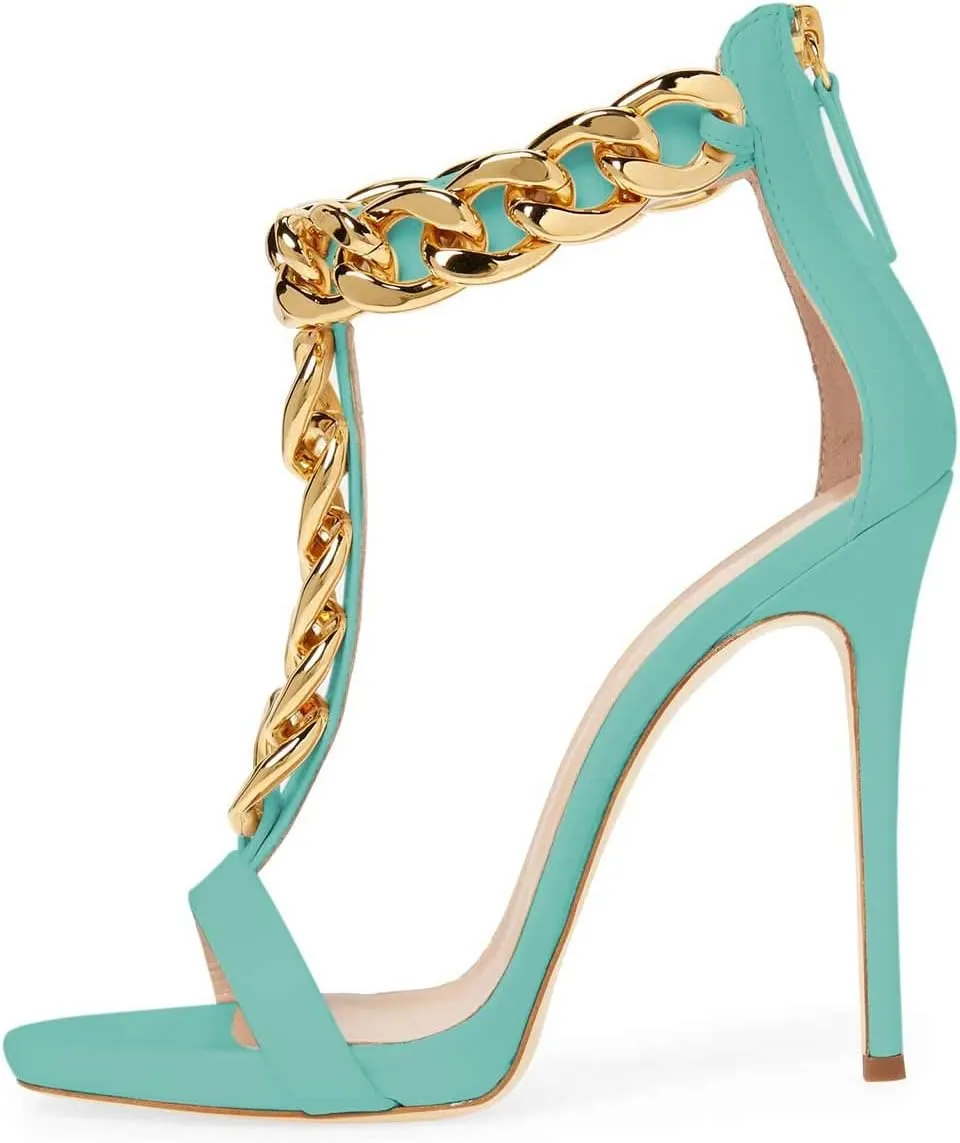 FSJ Women T-Straps High Heel Sandals Golden Chains Open Toe Ankle Straps Stilettos Pumps Back Zipper Wedding Party Homecomings Dress Summer Shoes Size 4-15 US