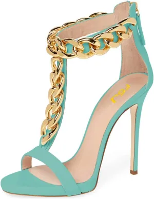FSJ Women T-Straps High Heel Sandals Golden Chains Open Toe Ankle Straps Stilettos Pumps Back Zipper Wedding Party Homecomings Dress Summer Shoes Size 4-15 US