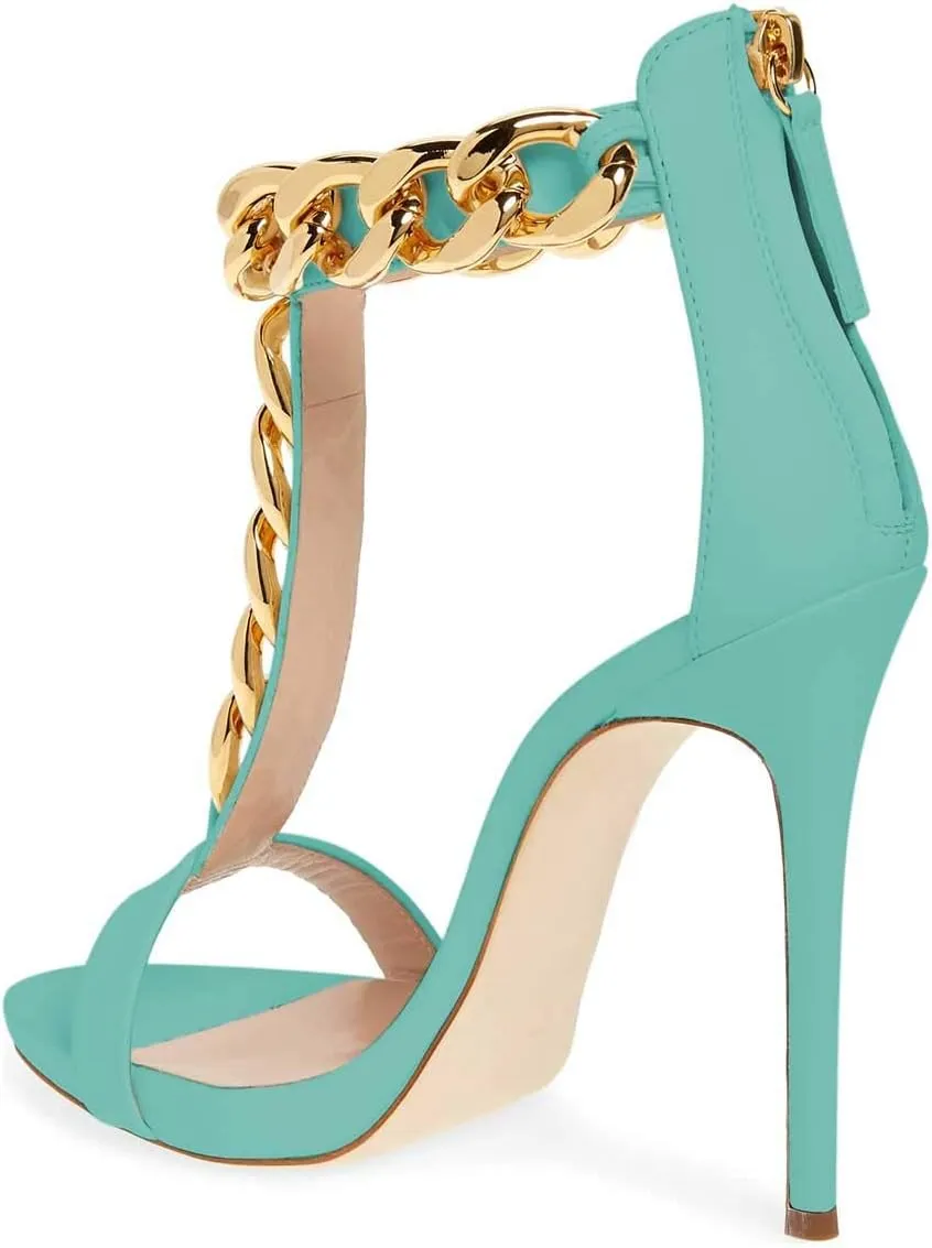 FSJ Women T-Straps High Heel Sandals Golden Chains Open Toe Ankle Straps Stilettos Pumps Back Zipper Wedding Party Homecomings Dress Summer Shoes Size 4-15 US