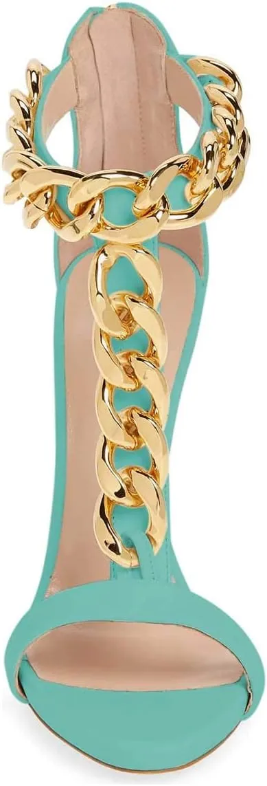 FSJ Women T-Straps High Heel Sandals Golden Chains Open Toe Ankle Straps Stilettos Pumps Back Zipper Wedding Party Homecomings Dress Summer Shoes Size 4-15 US