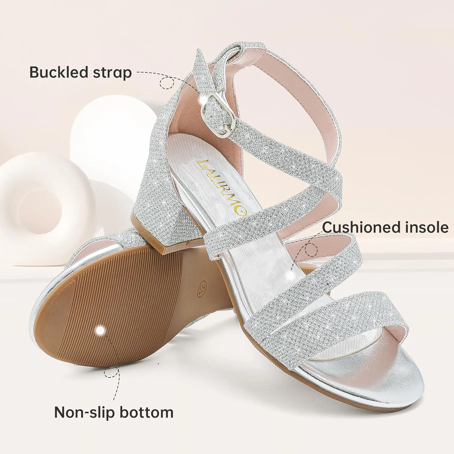 Girls Sandals Chunky High Heel Strappy Open Toe Ankle Strap Dress Shoes for Little Big Kids in Wedding Party