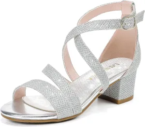 Girls Sandals Chunky High Heel Strappy Open Toe Ankle Strap Dress Shoes for Little Big Kids in Wedding Party