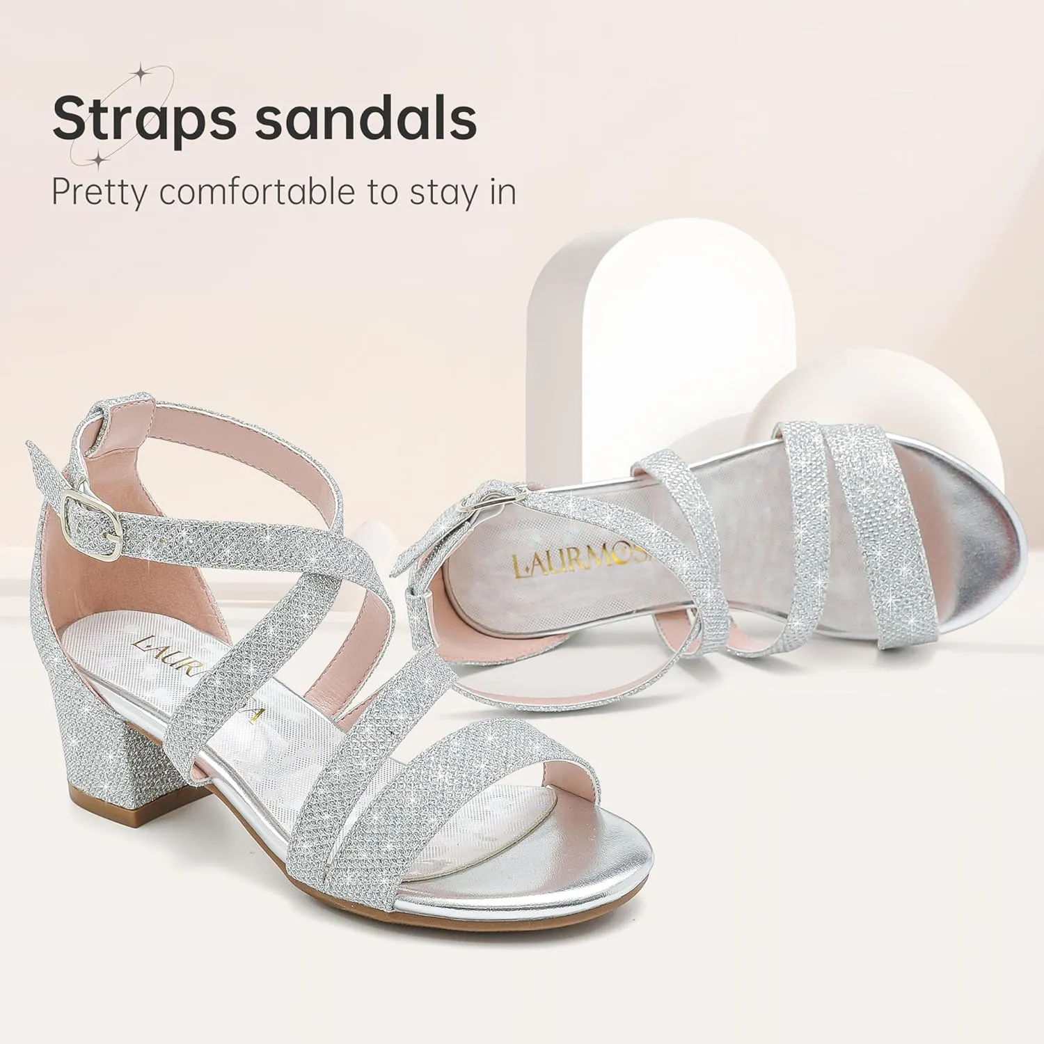Girls Sandals Chunky High Heel Strappy Open Toe Ankle Strap Dress Shoes for Little Big Kids in Wedding Party