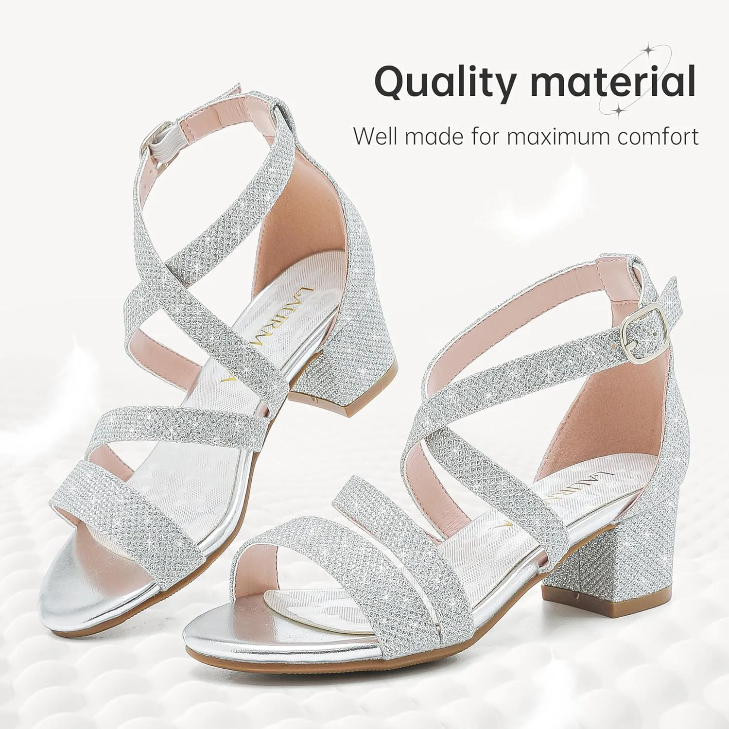 Girls Sandals Chunky High Heel Strappy Open Toe Ankle Strap Dress Shoes for Little Big Kids in Wedding Party