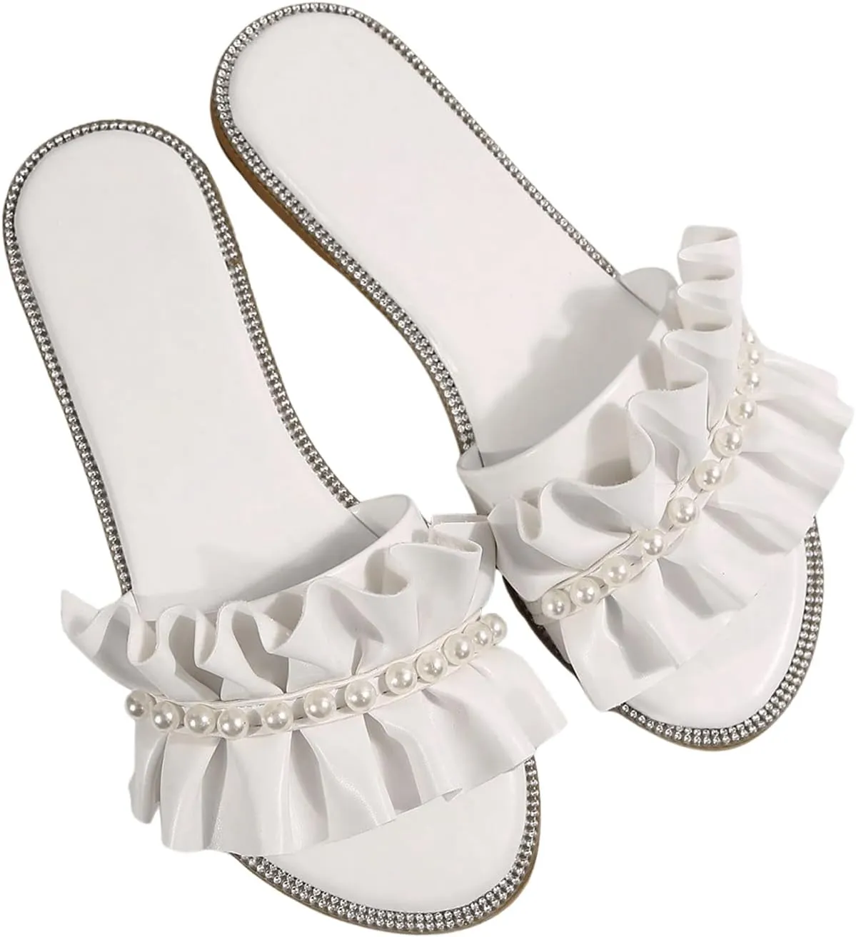 GORGLITTER Women's Pearl Sandals Ruffle Square Open Toe Summer Slide Sandals