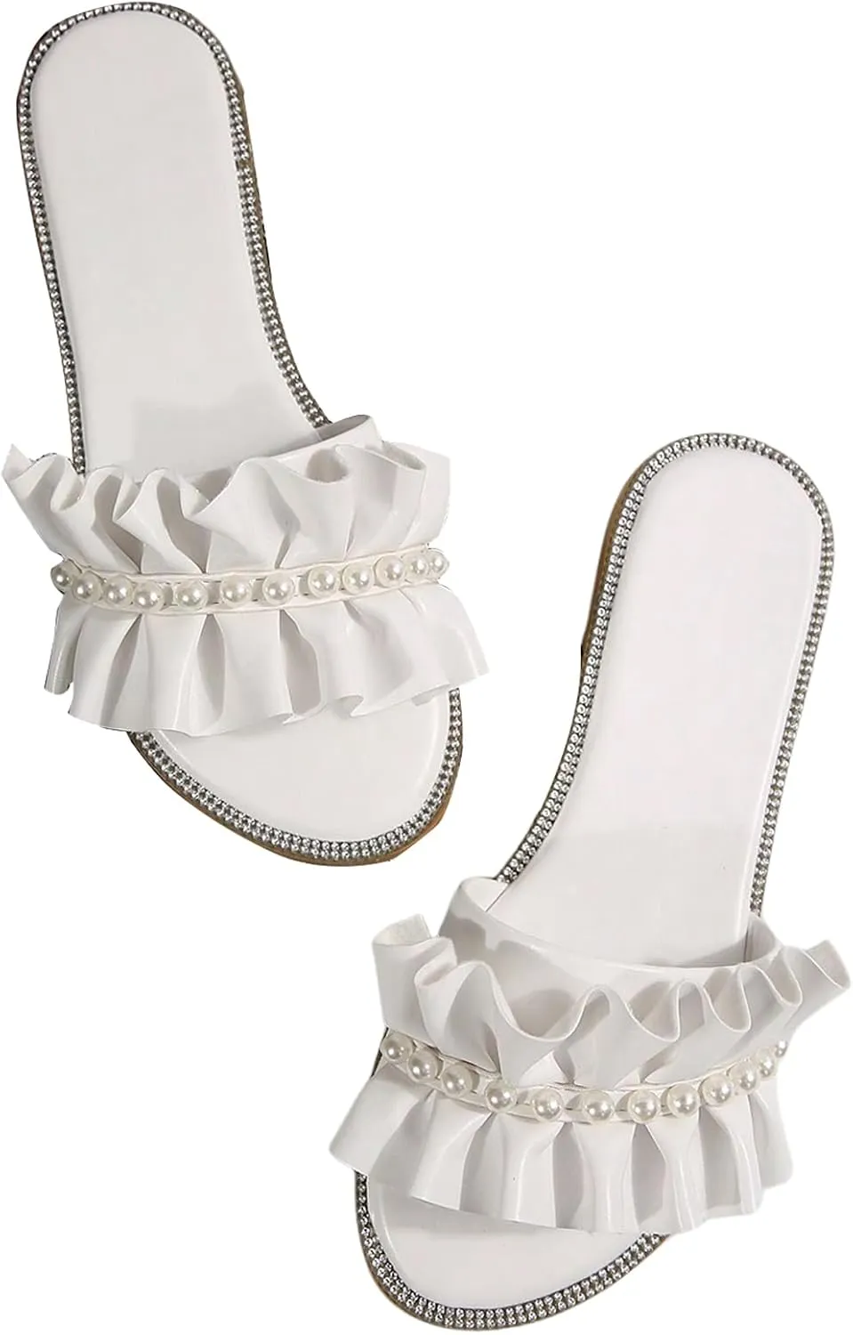 GORGLITTER Women's Pearl Sandals Ruffle Square Open Toe Summer Slide Sandals