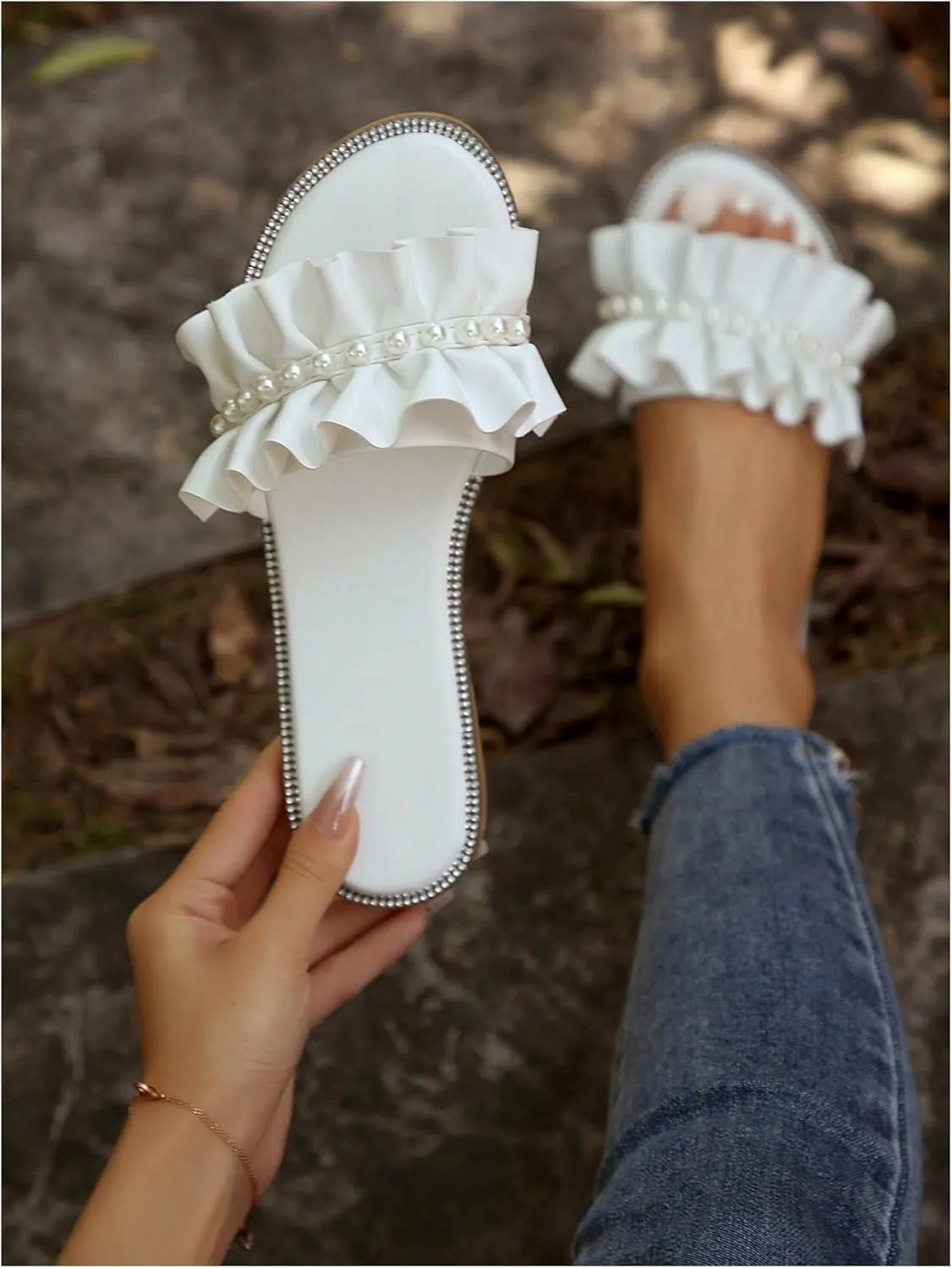 GORGLITTER Women's Pearl Sandals Ruffle Square Open Toe Summer Slide Sandals