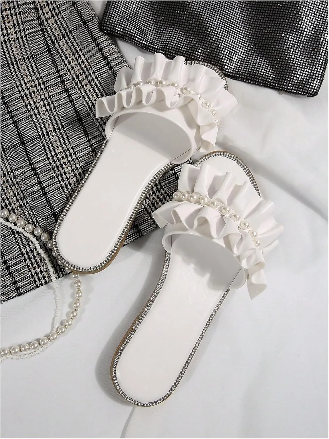 GORGLITTER Women's Pearl Sandals Ruffle Square Open Toe Summer Slide Sandals