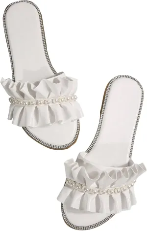 GORGLITTER Women's Pearl Sandals Ruffle Square Open Toe Summer Slide Sandals