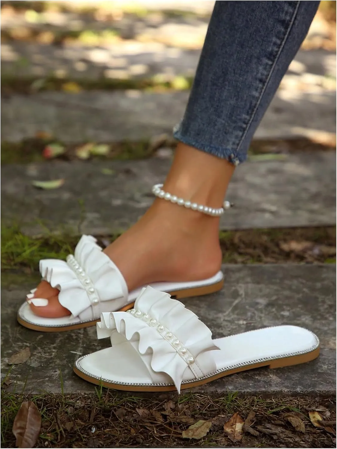 GORGLITTER Women's Pearl Sandals Ruffle Square Open Toe Summer Slide Sandals