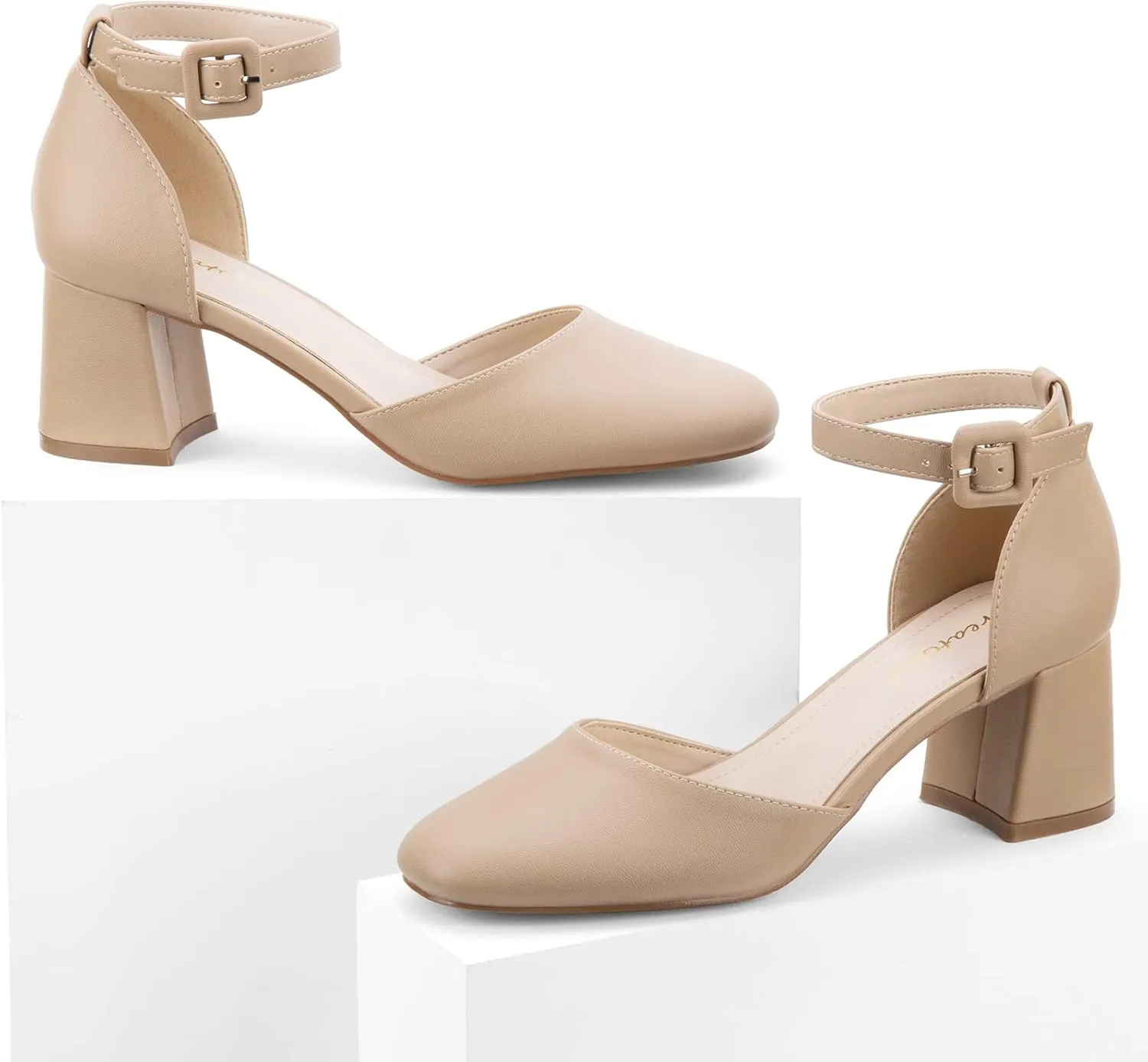 Greatonu Women's Closed Toe Ankle Strap 2.5 inch Low Block Heels Dress Wedding Party Pumps Shoes