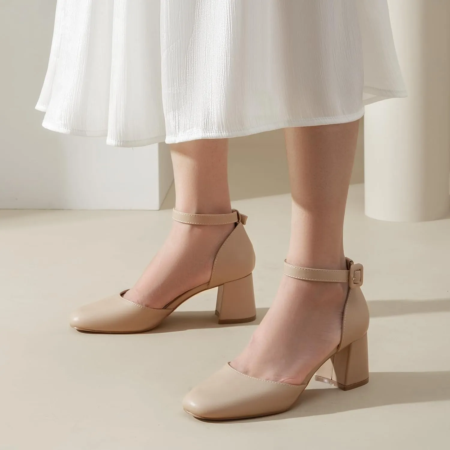 Greatonu Women's Closed Toe Ankle Strap 2.5 inch Low Block Heels Dress Wedding Party Pumps Shoes