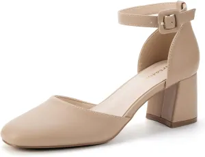 Greatonu Women's Closed Toe Ankle Strap 2.5 inch Low Block Heels Dress Wedding Party Pumps Shoes