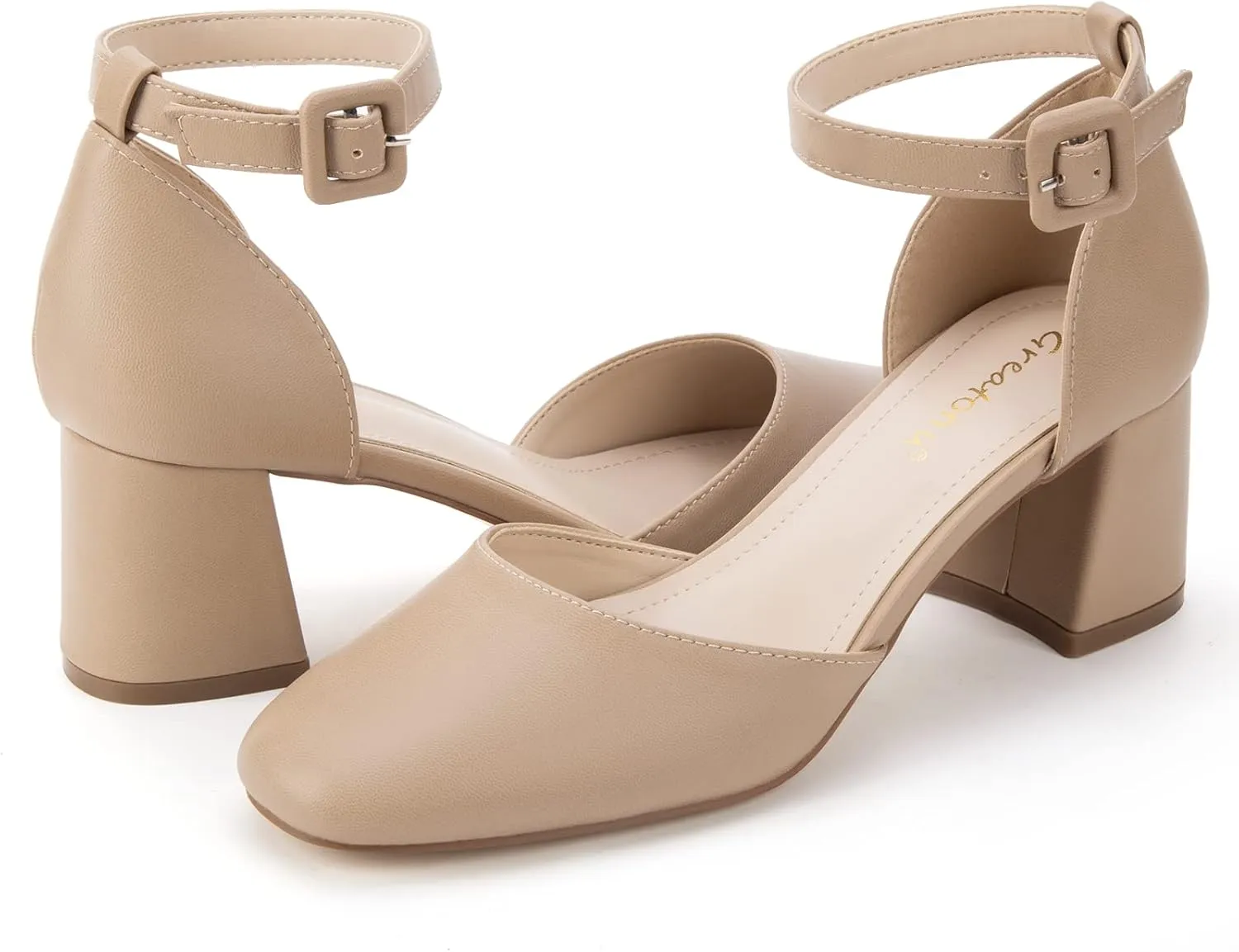 Greatonu Women's Closed Toe Ankle Strap 2.5 inch Low Block Heels Dress Wedding Party Pumps Shoes