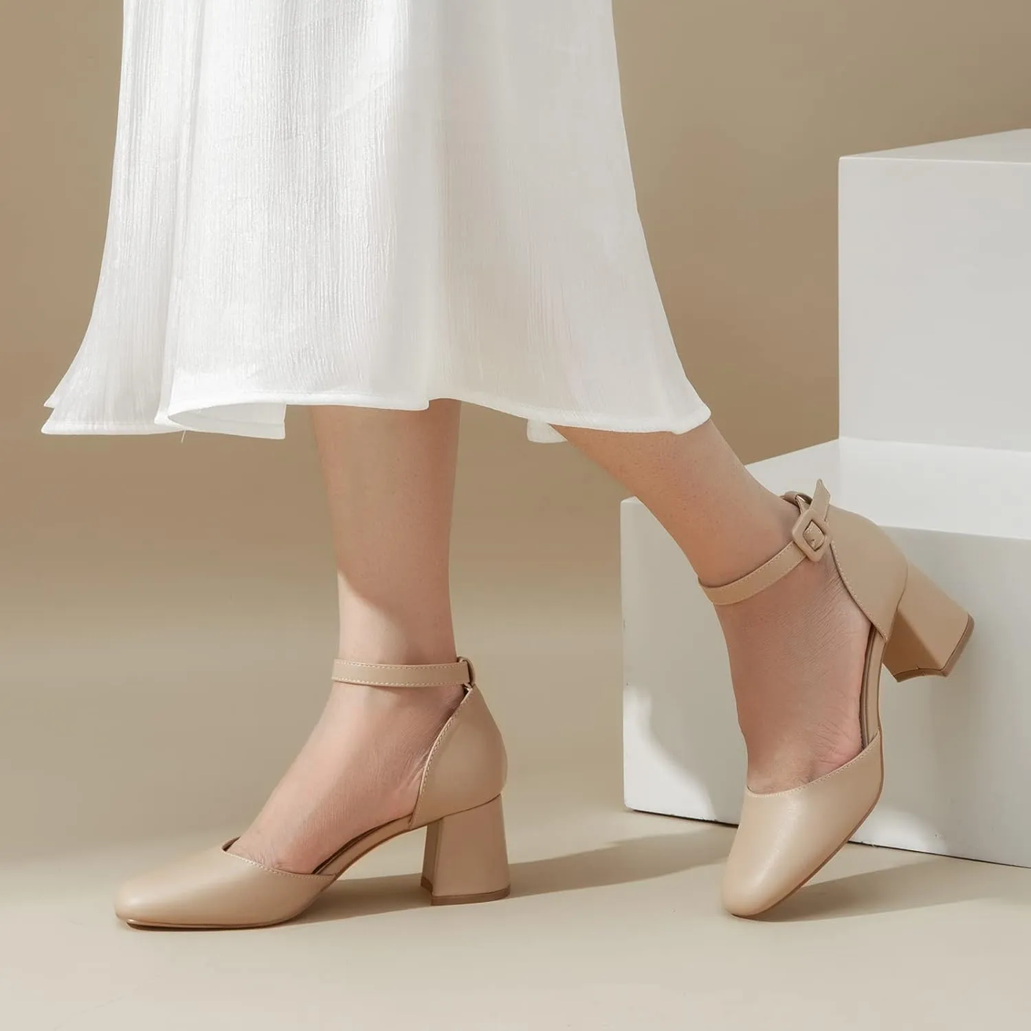 Greatonu Women's Closed Toe Ankle Strap 2.5 inch Low Block Heels Dress Wedding Party Pumps Shoes