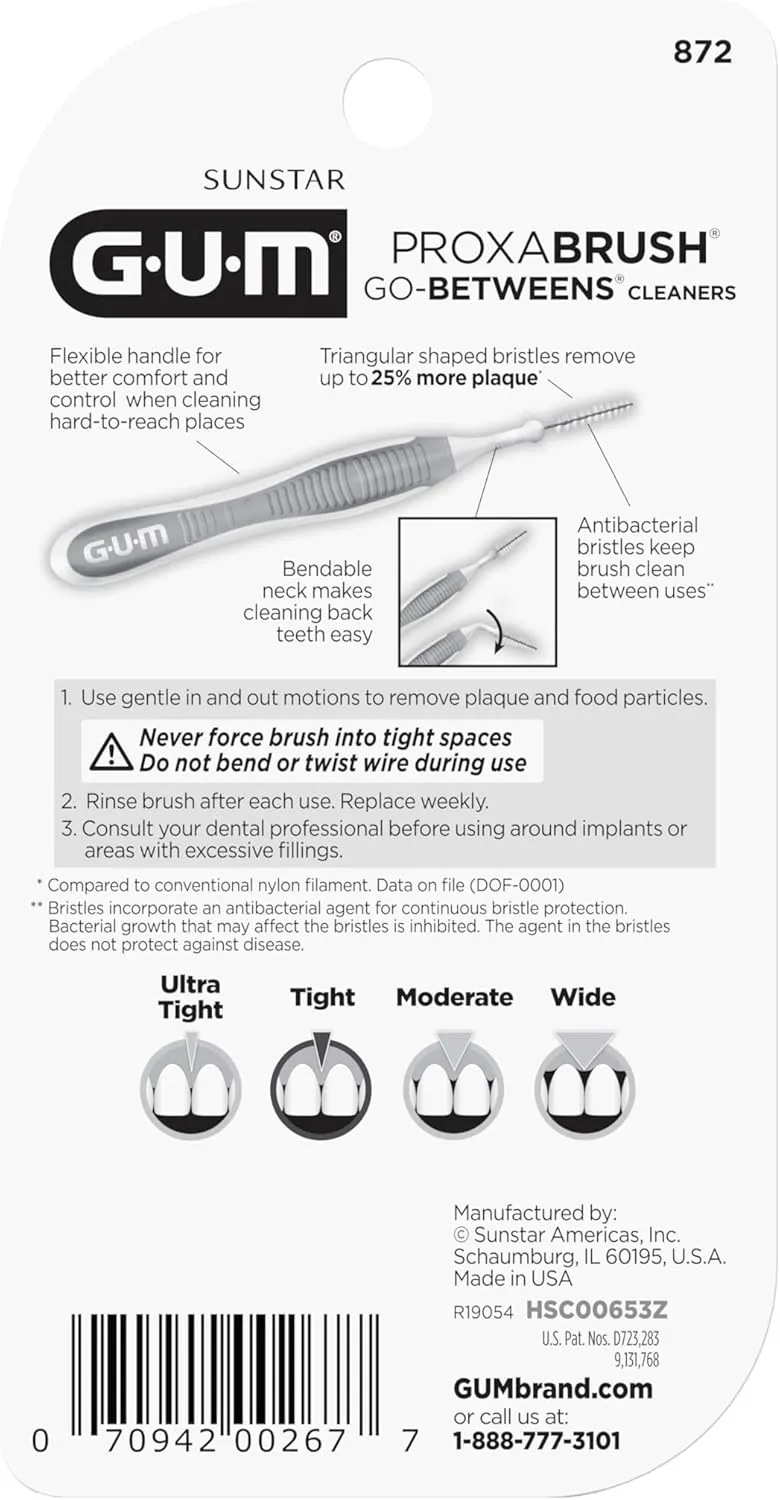 GUM Proxabrush Go-Betweens - Tight - Interdental Brushes - Soft Bristled Dental Picks for Plaque Removal Health - Safe for Braces & Dental Devices, 10 Count (Pack of 4)