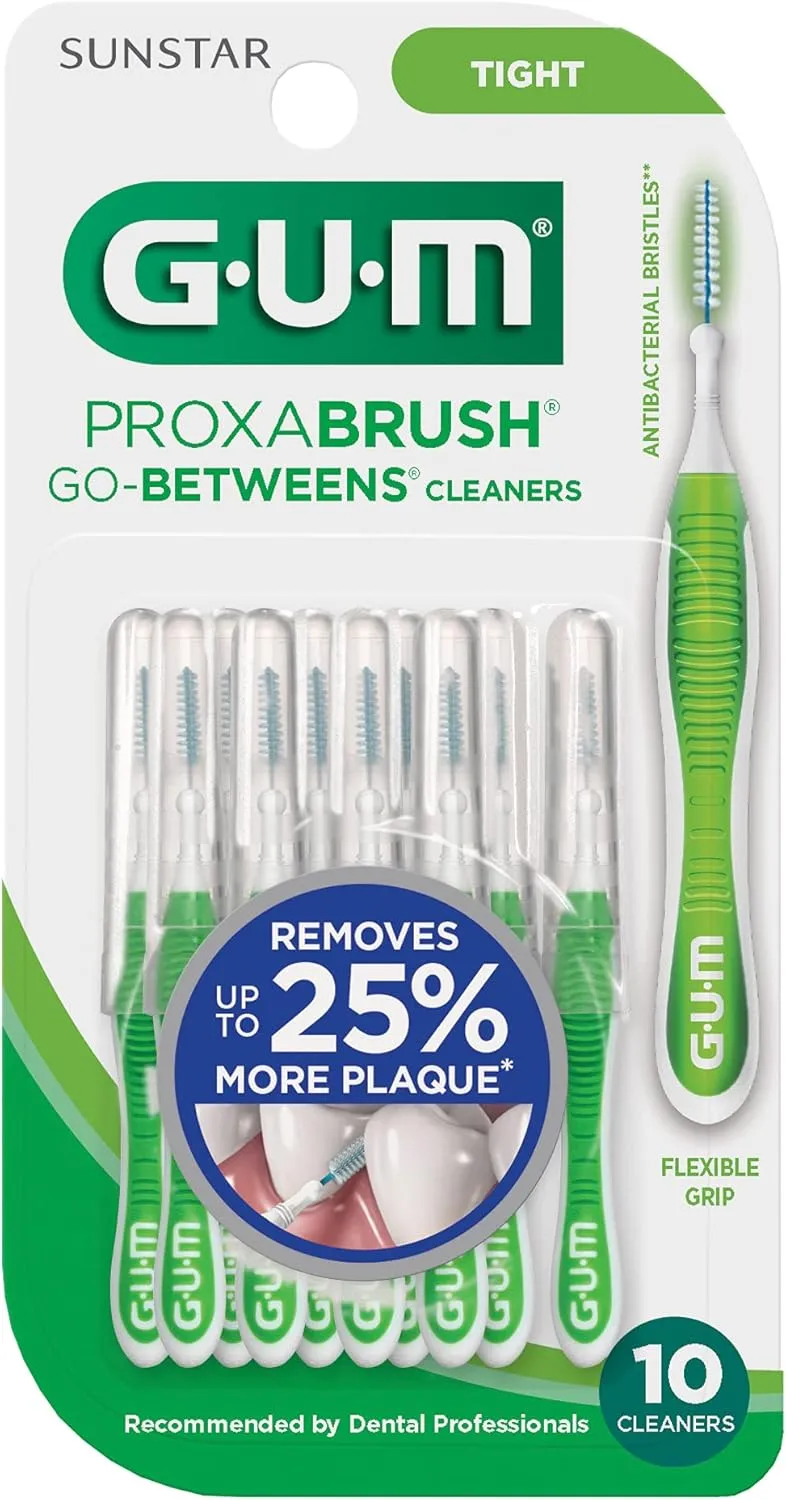 GUM Proxabrush Go-Betweens - Tight - Interdental Brushes - Soft Bristled Dental Picks for Plaque Removal Health - Safe for Braces & Dental Devices, 10 Count (Pack of 4)