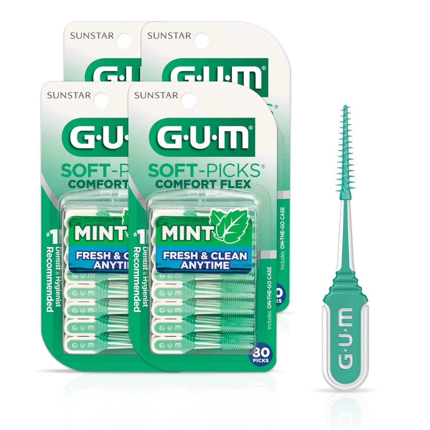 GUM Soft-Picks Comfort Flex, Easy to Use Dental Picks for Teeth Clean Health, Disposable Interdental Brushes with Convenient Carry Case, Dentist Recommended Mint, 80 Count (Pack of 4)