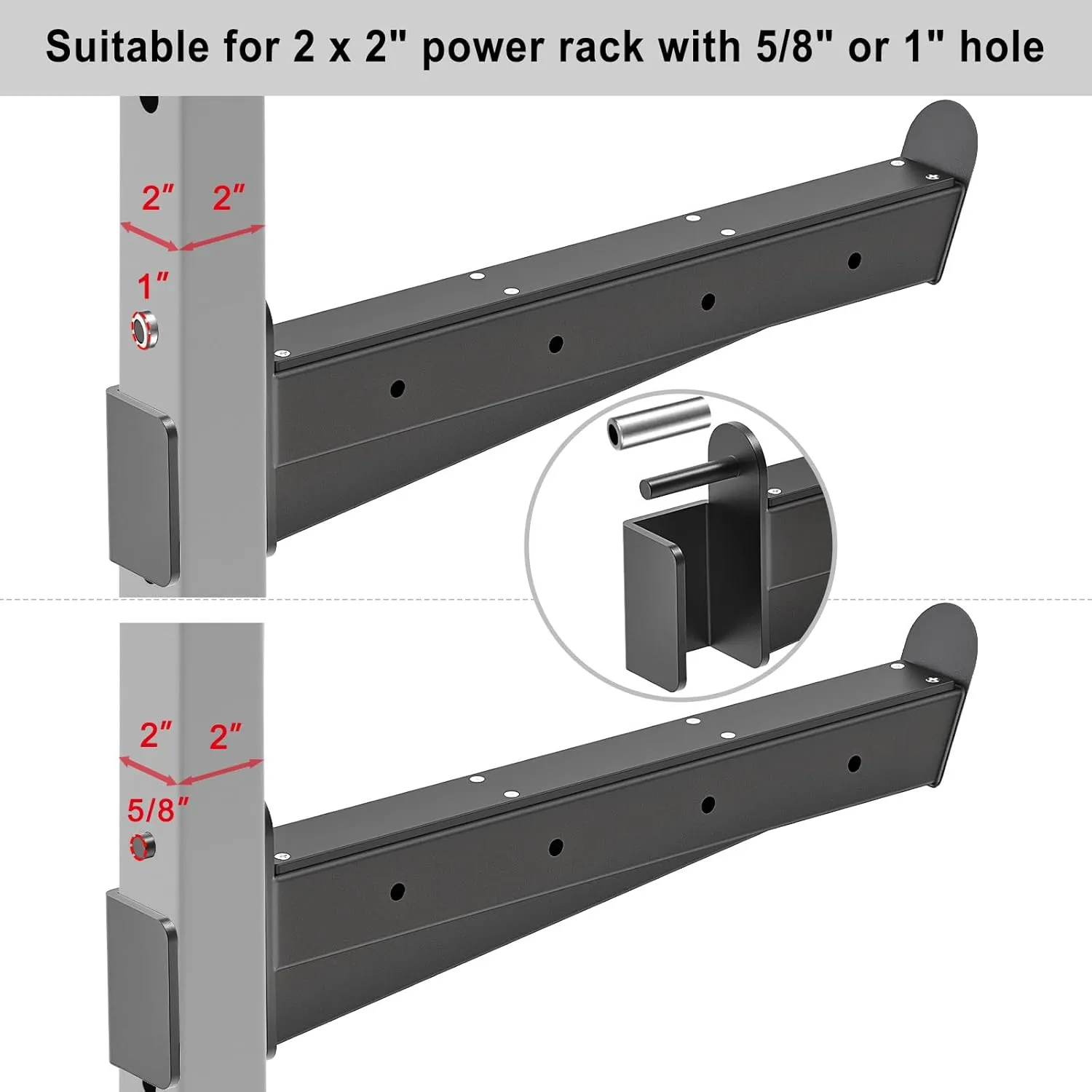 Heavy Duty Safety Spotter Arms for 2" x 2" or 3" x 3" Power Rack with 5/8" or 1" Holes, Adjustable Barbell Catch with Rubber Pad, 500lbs Capacity, Fits Squat Rack & Power Cage
