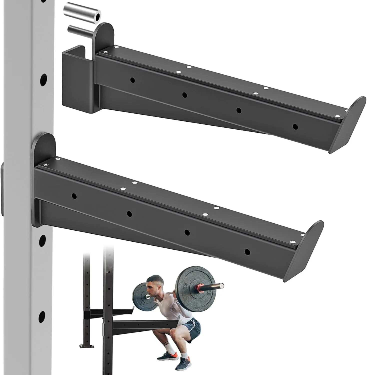 Heavy Duty Safety Spotter Arms for 2" x 2" or 3" x 3" Power Rack with 5/8" or 1" Holes, Adjustable Barbell Catch with Rubber Pad, 500lbs Capacity, Fits Squat Rack & Power Cage