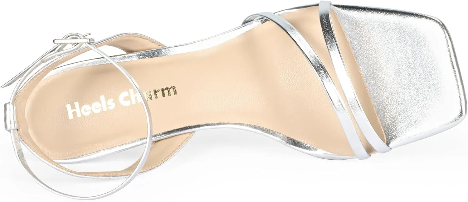 Heels Charm Women's Stiletto Heeled Sandals 2.95 Inches Open Toe Square Toe Two Straps Ankle Strap Strappy High Heel Sandal Dress Dancing Sandals Daily Work Party Wedding Shoes