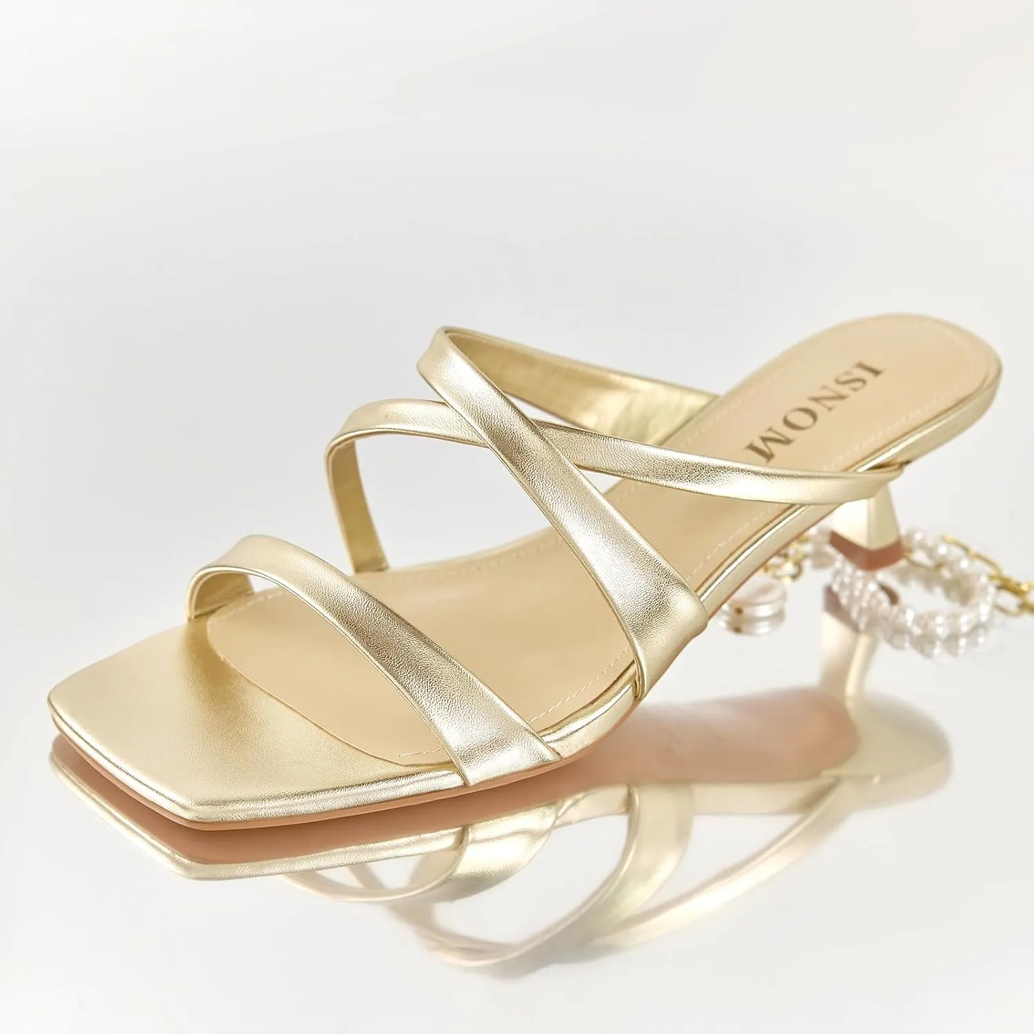 ISNOM Nude Strappy Heels for Women Nude Kitten Heeled Sandals Slip On Square Toe Open Toe Heels