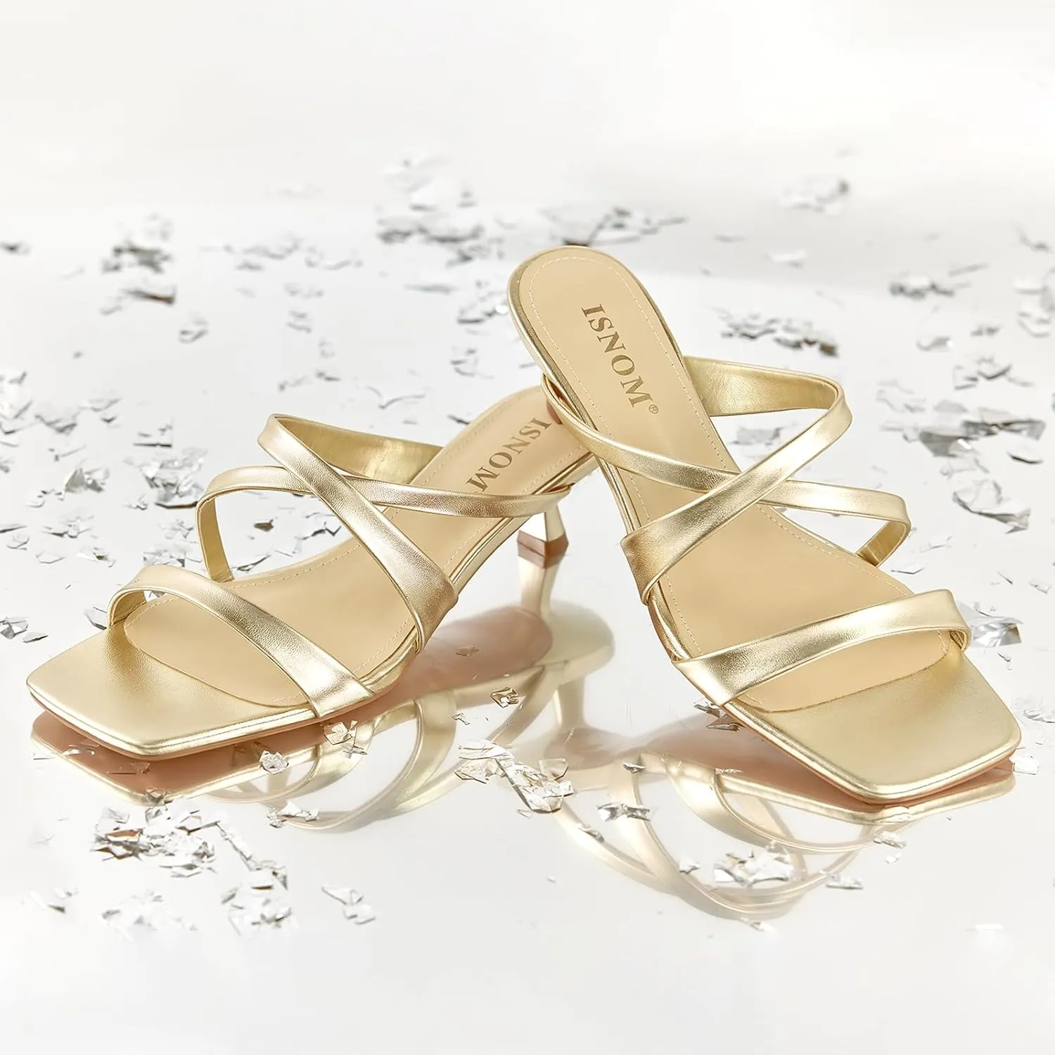 ISNOM Nude Strappy Heels for Women Nude Kitten Heeled Sandals Slip On Square Toe Open Toe Heels