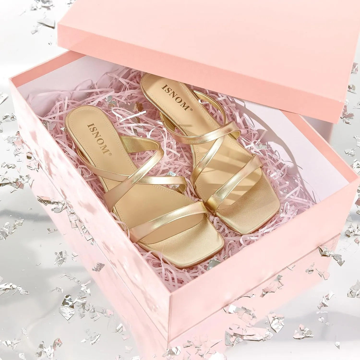 ISNOM Nude Strappy Heels for Women Nude Kitten Heeled Sandals Slip On Square Toe Open Toe Heels