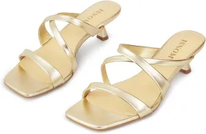 ISNOM Nude Strappy Heels for Women Nude Kitten Heeled Sandals Slip On Square Toe Open Toe Heels
