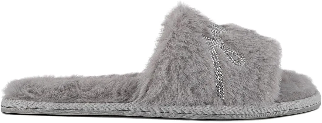 Juicy Couture Women's Plush Faux Fur Slippers – Cozy Open-Toe Slides, Soft Indoor/Outdoor House Shoes