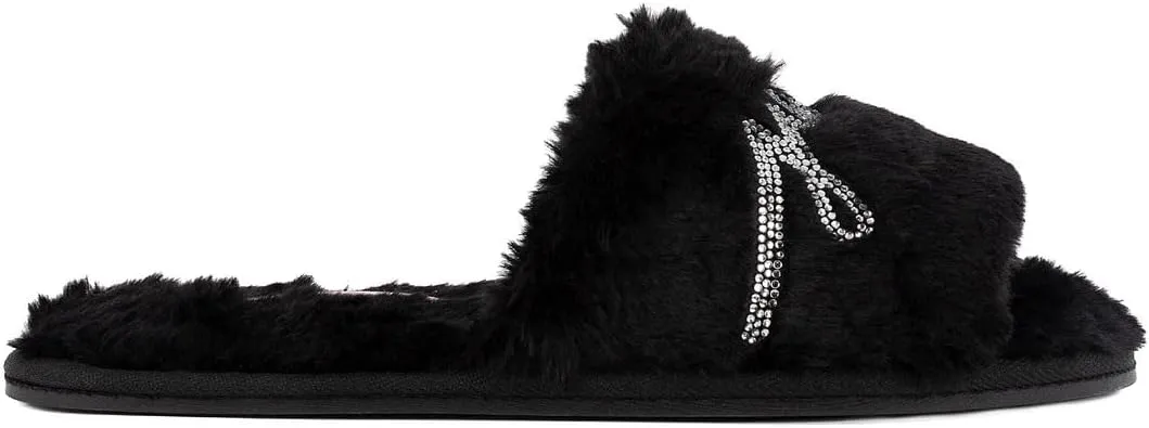 Juicy Couture Women's Plush Faux Fur Slippers – Cozy Open-Toe Slides, Soft Indoor/Outdoor House Shoes