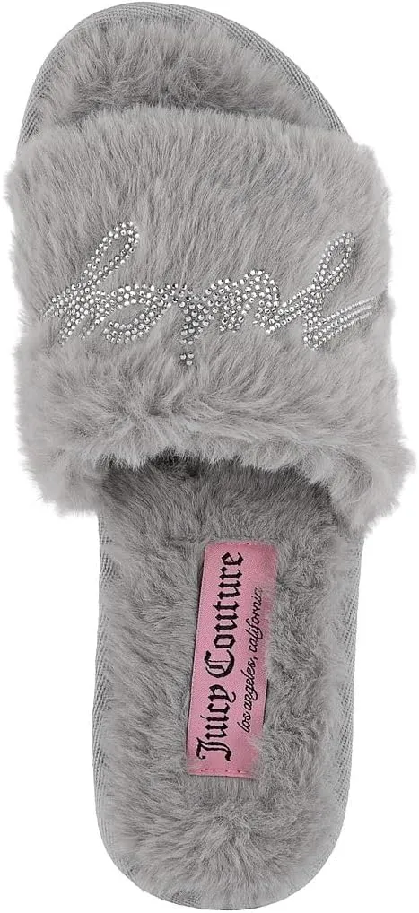 Juicy Couture Women's Plush Faux Fur Slippers – Cozy Open-Toe Slides, Soft Indoor/Outdoor House Shoes
