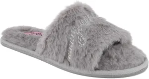 Juicy Couture Women's Plush Faux Fur Slippers – Cozy Open-Toe Slides, Soft Indoor/Outdoor House Shoes