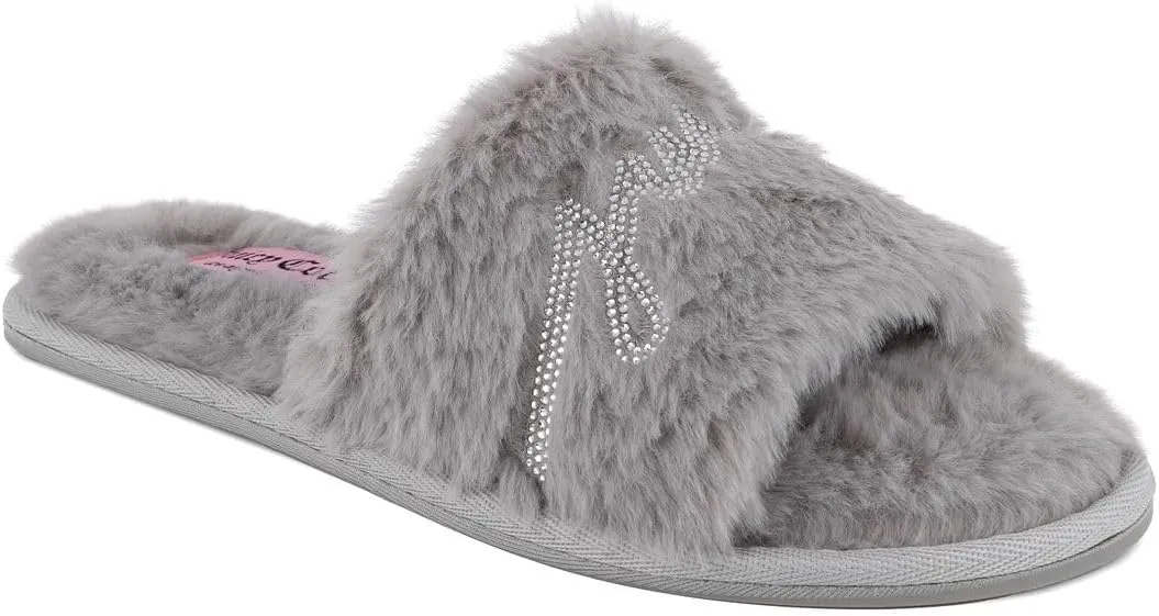 Juicy Couture Women's Plush Faux Fur Slippers – Cozy Open-Toe Slides, Soft Indoor/Outdoor House Shoes