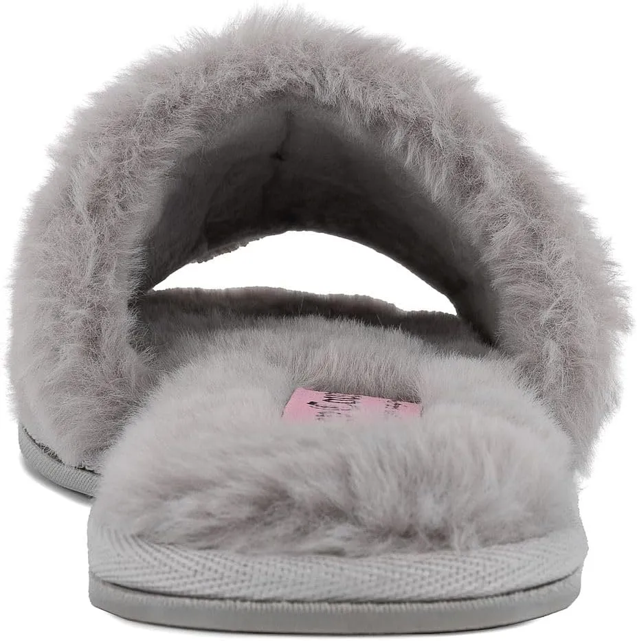 Juicy Couture Women's Plush Faux Fur Slippers – Cozy Open-Toe Slides, Soft Indoor/Outdoor House Shoes