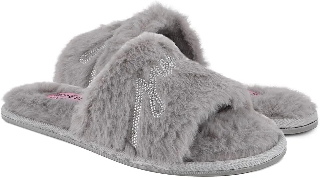 Juicy Couture Women's Plush Faux Fur Slippers – Cozy Open-Toe Slides, Soft Indoor/Outdoor House Shoes