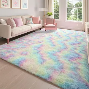 Keeko Fluffy Rainbow Area Rugs for Girls Room, 5x8 Shag Colorful Bedroom Bedside Rug Soft Cute Princess Rug Fuzzy Large Carpet for Kids Teen Girl Boy Toddler Nursery Living Room Dorm Decor