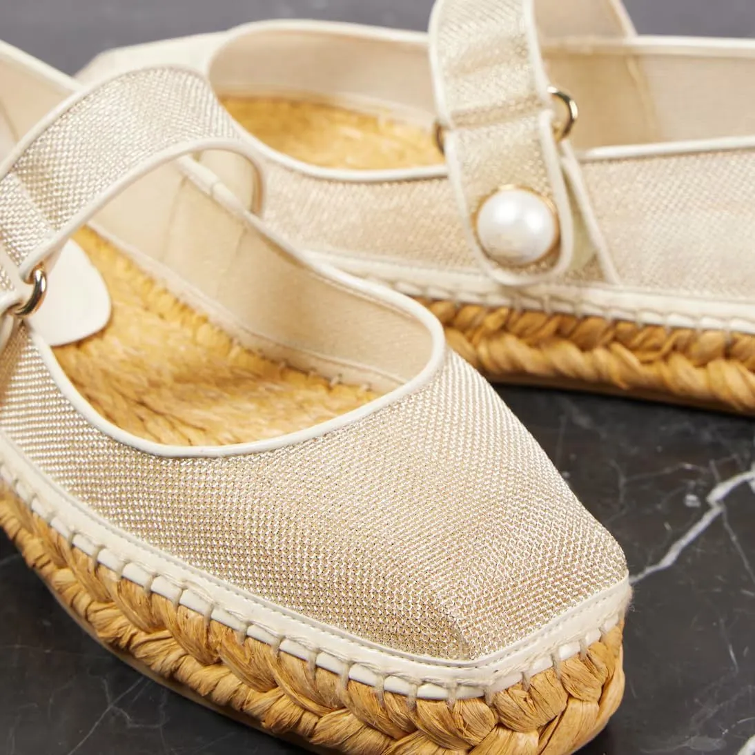 keleimusi Women's Mary Jane Metallic Espadrilles Flats with Pearl Buckle Strap Platform Espadrilles Woven Outsole Shoes Canvas Summer Flats