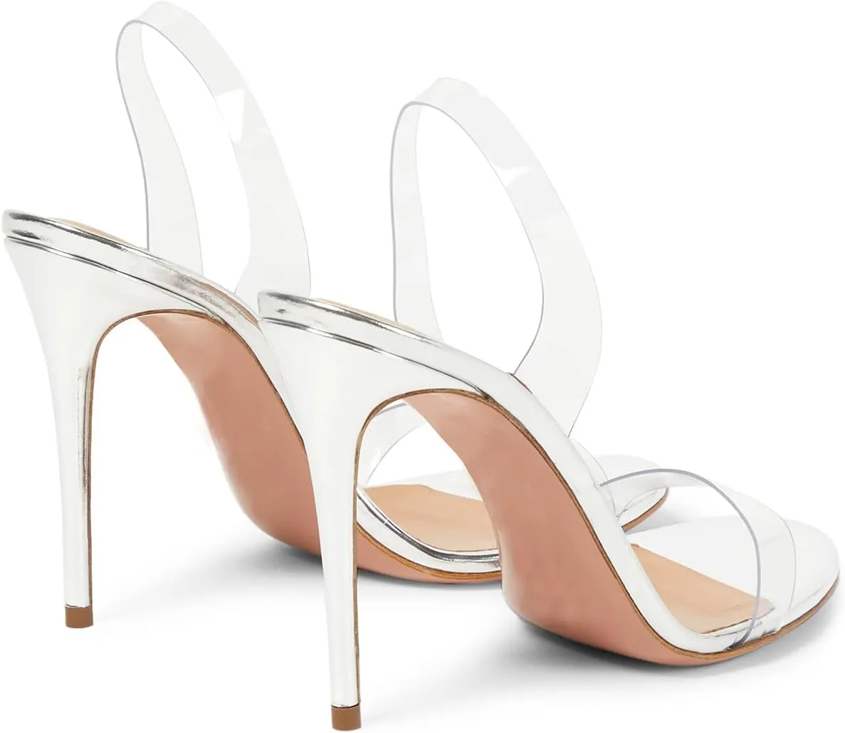 LEHOOR Women Slingback Stiletto Heels Dress Sandals Backless Strappy Heeled Sandal Round Open Toe Formal Sandals 4 Inch High Heel Elastic Ankle Strap Classy Evening Sandals for Wedding Party 4-11 M US