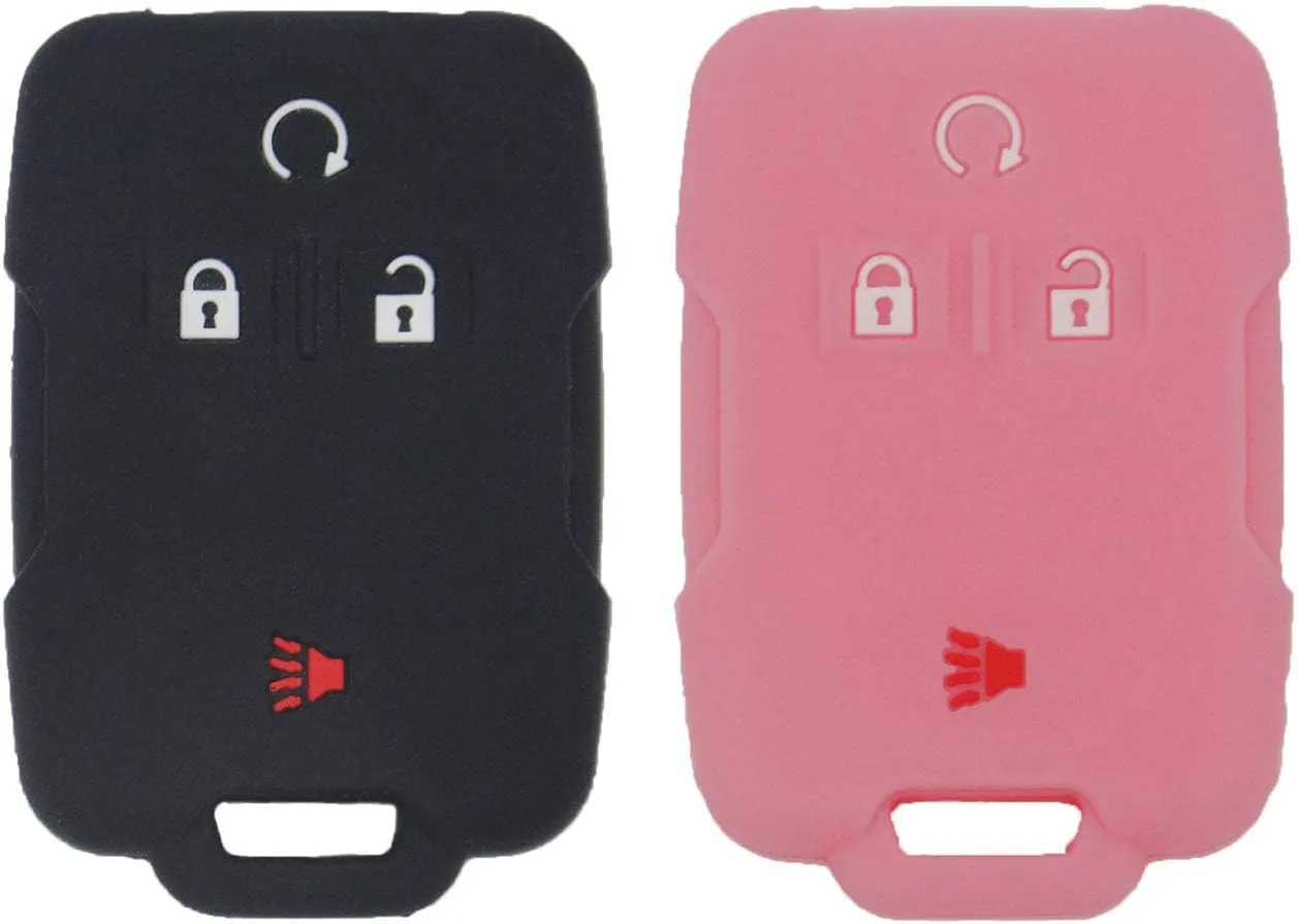 LemSa 2Pcs Silicone Keyless Entry Smart Key Fob Cover Case Protector Bag Holder Jacket for Chevrolet Silverado Colorado 2017 2018 M3N32337100 13577770 13577771 GMC Sierra Yukon Cadillac, Black Pink