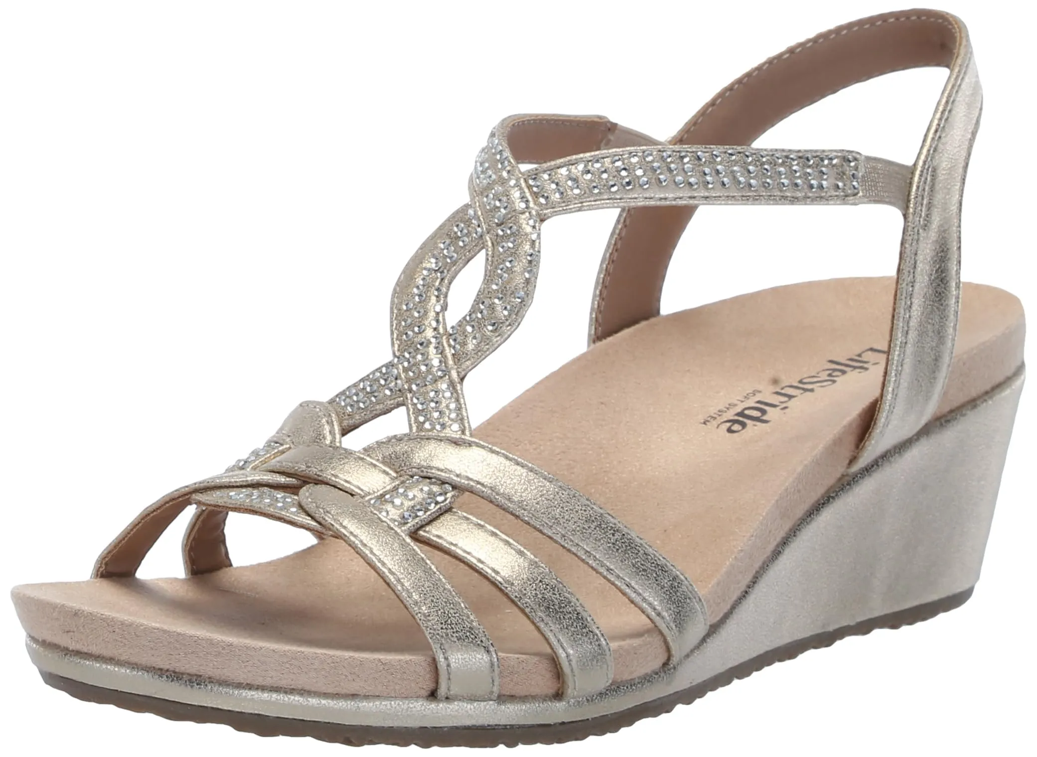 LifeStride Womens Monaco Strappy Wedge Sandals Platino Gold 11 M