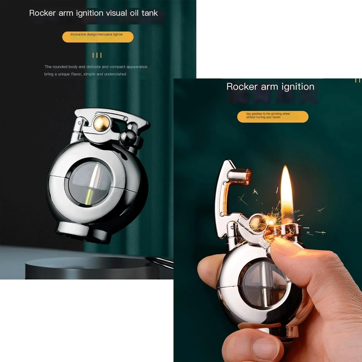 Lighters ，Kerosene Antique Pocket Lighter ，Soft Flame Transparent Fuel Tank Rocker Arm Lighter，with Flints and Wick， for Cigar/Cigarettes (Color : Silver)