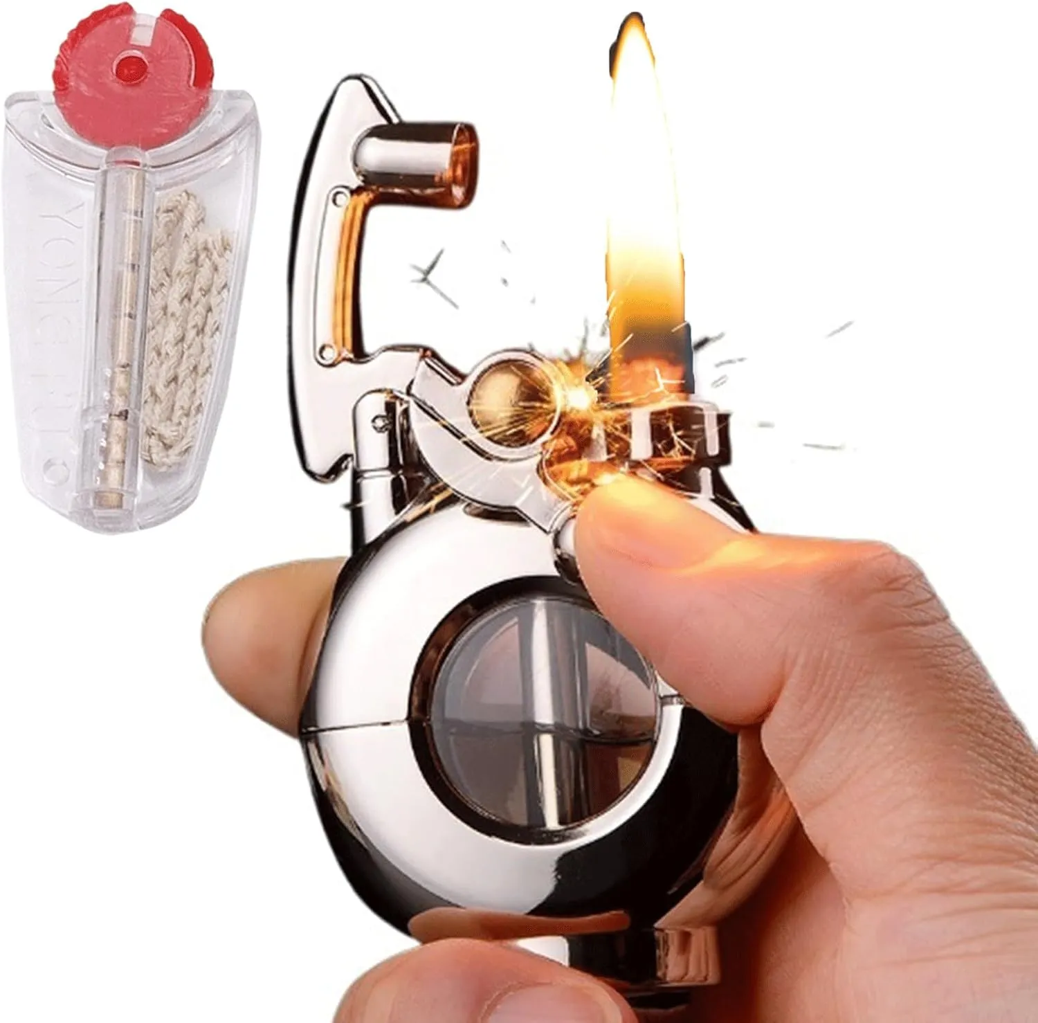 Lighters ，Kerosene Antique Pocket Lighter ，Soft Flame Transparent Fuel Tank Rocker Arm Lighter，with Flints and Wick， for Cigar/Cigarettes (Color : Silver)