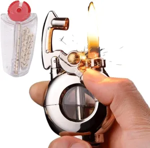 Lighters ，Kerosene Antique Pocket Lighter ，Soft Flame Transparent Fuel Tank Rocker Arm Lighter，with Flints and Wick， for Cigar/Cigarettes (Color : Silver)