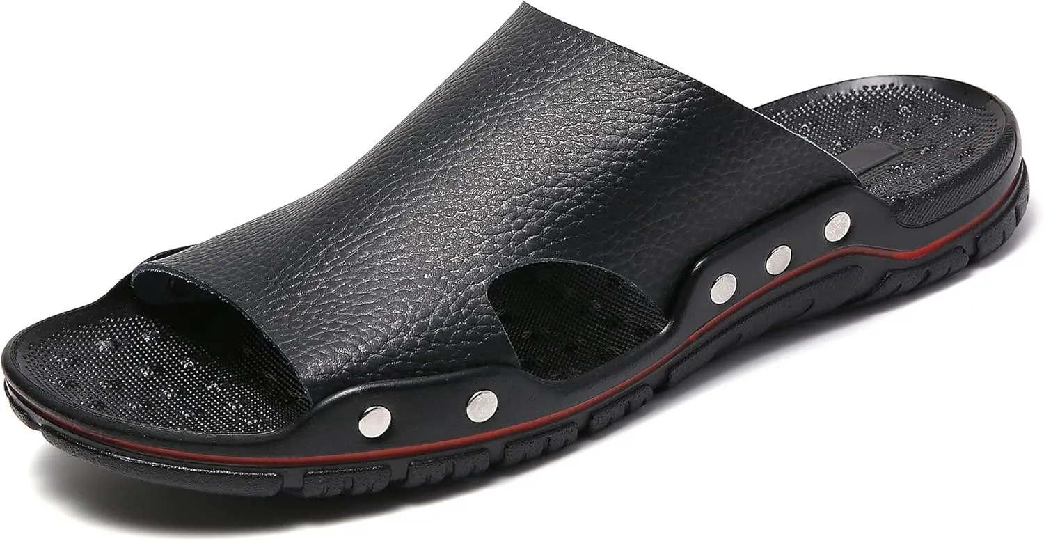 Men's Summer Leather Slide Sandals Open Toe Beach Slippers Shoes